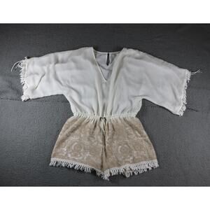 Johnathan Simkhai Medium White Brown Embroidery Romper Fringe Drawstring Shorts